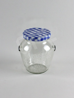 Blue Gingham Style Lid upon Orcio Jar