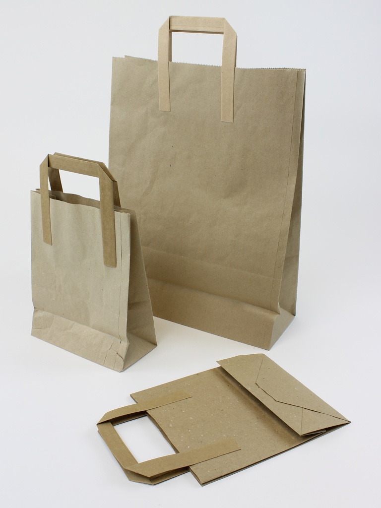 Brown 250x300x140 mm SOS Takeaway Kraft Paper Carrier Bag with Flat Handle Cheap 